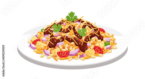 Mouthwatering Dahi Papdi Chaat Illustration on a White Plate Background