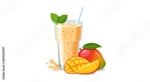 Refreshing mango smoothie with mint garnish and fruit composition illustration