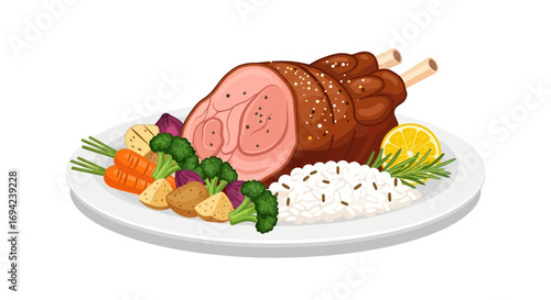 Succulent ham shank dish with colorful vegetables and rice illustration