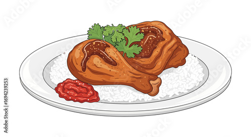 Tasty fried chicken with rice and chili sauce on a white background
