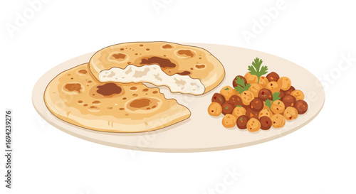 Tawa Roti and Spicy Chickpea Masala Plate Isolated Food Presentation