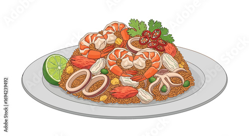 Vibrant seafood paella illustration featuring shrimp, calamari and rice