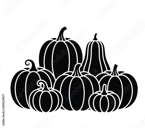 Black and white pumpkin and gourd silhouette illustration symbolizing autumn harvest, fall season, and Thanksgiving decoration