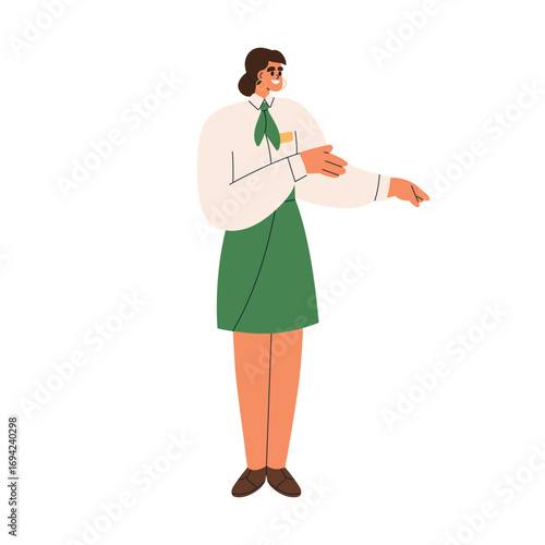 Woman consultant, bank worker, assistant in corporate uniform. Female specialist smiling and pointing, guiding, showing direction, assistance. Flat vector illustration isolated on white background