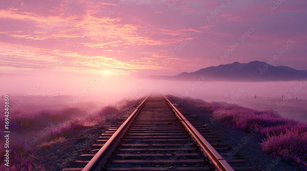 Fototapeta premium Railroad tracks stretch into distance with pink sky and mountain in background.