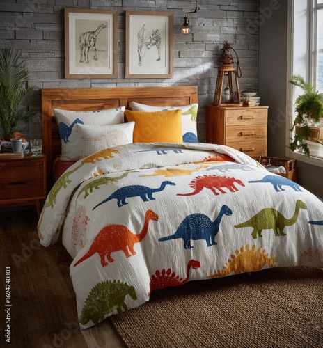 Child's bedroom with a dinosaur duvet cover
