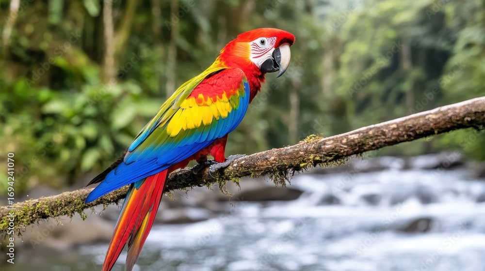 Obraz premium Vibrant Scarlet Macaw Perched on a Branch by a Tranquil River