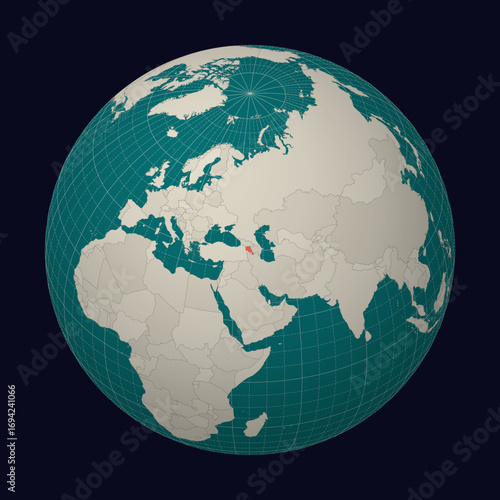 Armenia on the map. Globe centered to Armenia. Country location on the world map. Teal Pale Mint color palette. Globe with countries, meridians and parallels. Trending vector illustration.