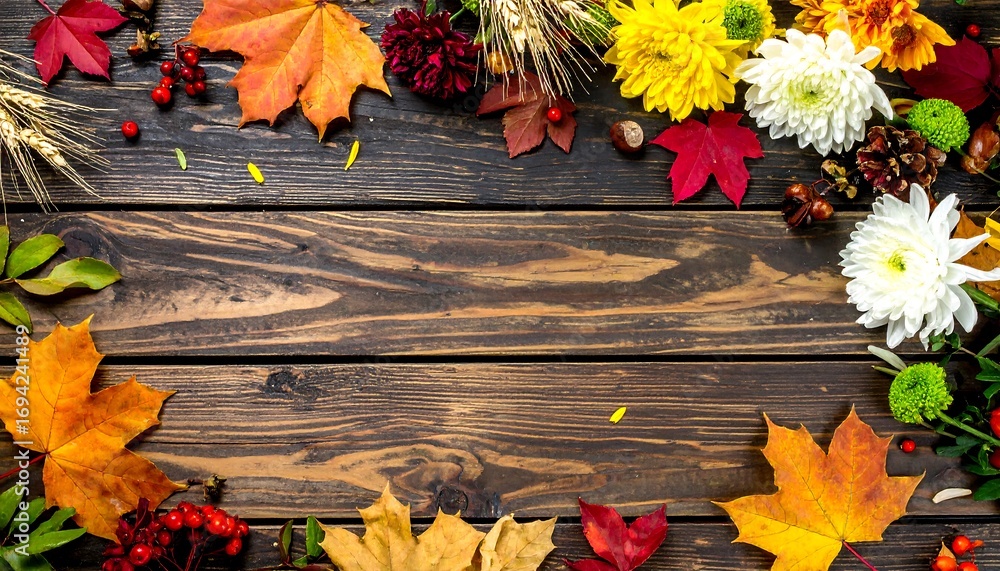 Obraz premium Autumnal Abundance: Vibrant Leaves and Floral Accents on Weathered Wood Surface