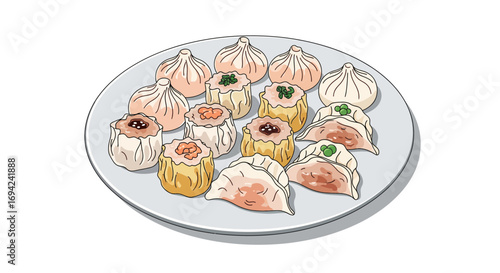 A delectable assortment of traditional Asian dumplings and dim sum served on a round plate, perfect for sharing and enjoying a flavorful meal
