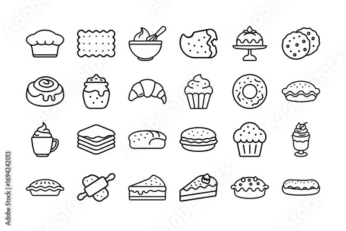 Bakery & Desserts Vector Icon Set. Cakes, Pastries, Bread, Cupcakes, Donuts, Cookies, Muffins, Pies, Sweet Treats and More. Editable Stroke. Vector Illustration.