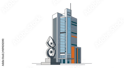 Architectural marvel vector illustration featuring a modern skyscraper and abstract sculpture against a clean white background