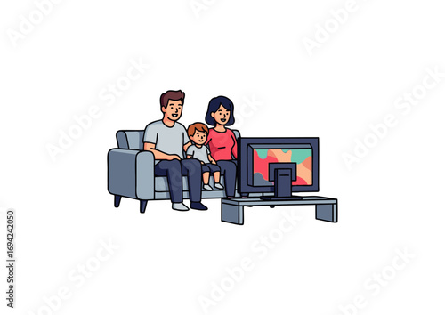 icon of father, mother, and child watching TV together