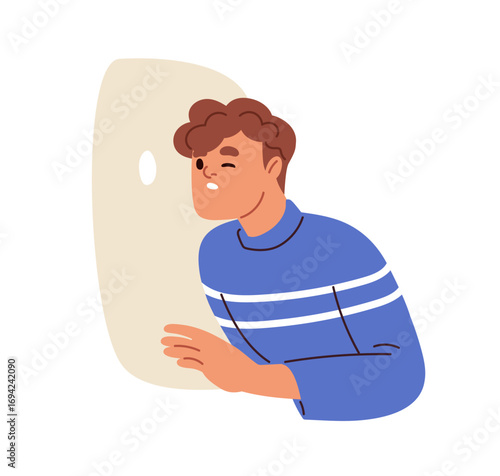 Man spying through hole. Curious young male peeking, observing, watching, searching with suspicious look, hiding behind for secret surveillance. Flat vector illustration isolated on white background