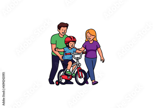 parents teaching child to ride a bicycle
