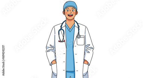 Cheerful doctor in scrubs and lab coat smiles confidently with stethoscope around neck in clean illustration