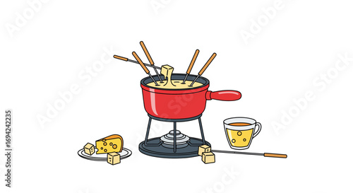 Cheese fondue with bread cubes and forks in a red pot, accompanied by a cup of tea or broth illustration