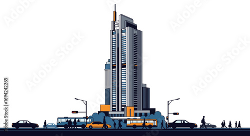 Cityscape view featuring a modern skyscraper with stylized traffic and pedestrians in an urban environment illustration