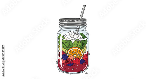 Colorful fruit and spinach smoothie in a glass jar with a straw for healthy eating and nutrition illustration
