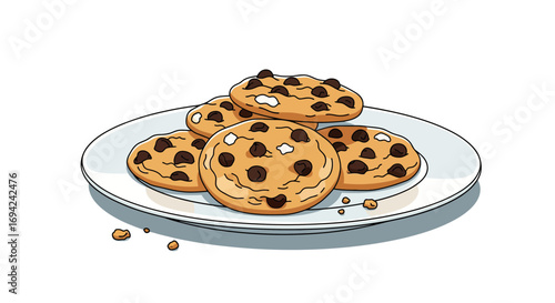 Delicious chocolate chip cookies stacked on a plate, tempting treats with a classic dessert appeal, perfect for snacks and sweet indulgences
