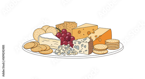 Delicious cheese platter with assorted cheeses, crackers, and grapes on a white plate, perfect for entertaining