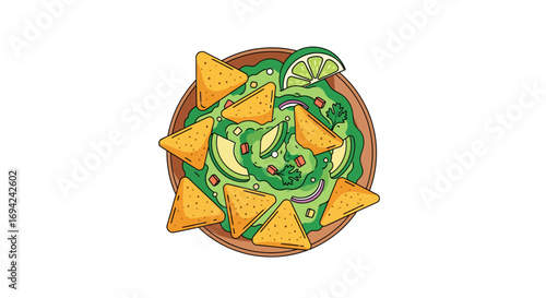 Delicious guacamole with tortilla chips in a wooden bowl, garnished with lime and fresh ingredients creating a vibrant and appetizing presentation