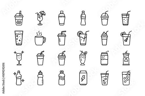 Beverages & Soft Drinks Vector Icon Set. Soda, Juice, Water, Coffee, Tea, Smoothies, Energy Drinks, Cold Drinks, Cups, Bottles and More. Editable Stroke. Vector Illustration.