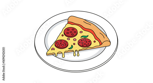 Delicious pepperoni pizza slice served on a white plate illustration with vibrant colors and appetizing details