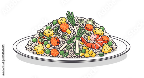 Delicious plate of shrimp fried rice with vegetables and scallions in cartoon style illustration, appetizing and colorful