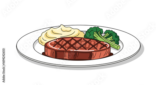 Delicious plate of steak with grilled marks, mashed potatoes, and fresh broccoli on a white background