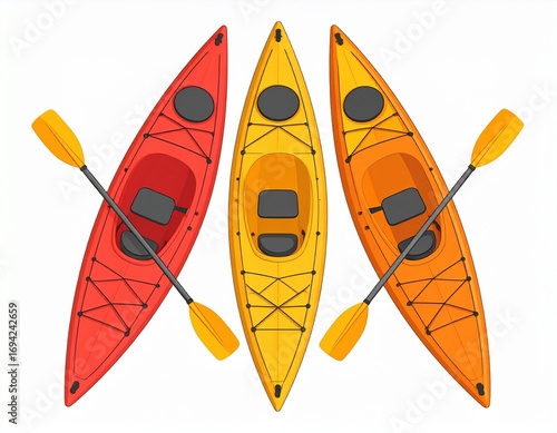 Colorful kayaks resting on white sand beach after a morning of paddling in the calm, turquoise water, creating a peaceful and serene scene.