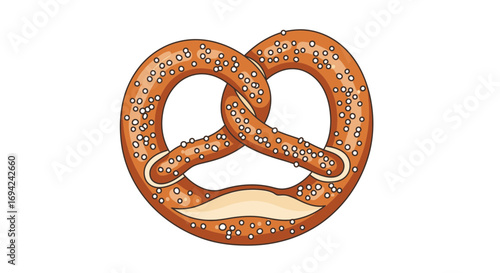 Delicious pretzel illustration with salt crystals and a golden brown color, perfect for snack time and German culture related designs