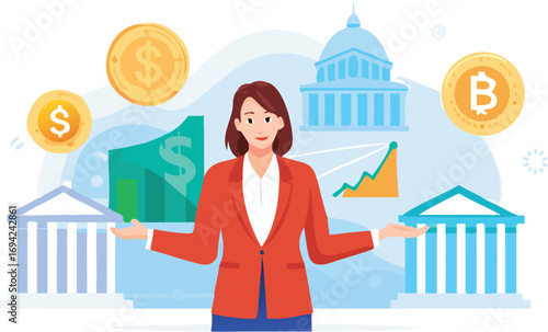 A confident businesswoman stands with money in front of a city building, a vector illustration of an urban person