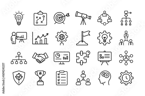 Business Management Vector Icon Set. Leadership, Strategy, Teamwork, Planning, Organization, Finance, Project Management, Office, Productivity Tools and More. Editable Stroke. Vector Illustration.