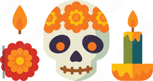 Day of the dead festival elements bundle sugar skull candle flower vector illustration