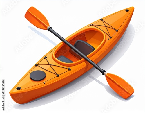 Orange kayak with paddle resting on top floating on calm water, ready for adventure and exploration, creating a sense of freedom and excitement.