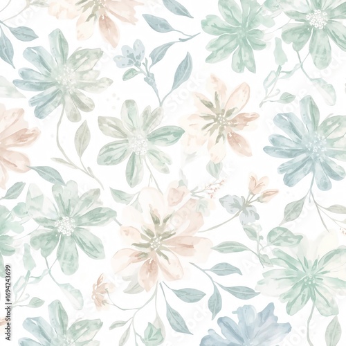 Wallpaper Mural A soft floral pattern with watercolor flowers in pastel shades of green peach and blue on white paper Torontodigital.ca