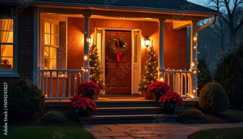 Wallpaper Mural Outdoor Christmas porch scene with holiday lights, red poinsettias, and cozy atmosphere Torontodigital.ca