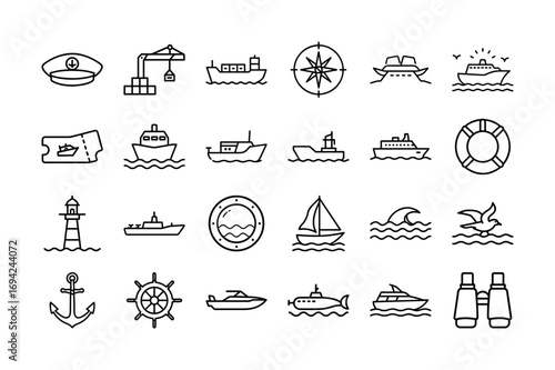 Cruise & Ships Vector Icon Set. Passenger Ships, Yachts, Cargo Ships, Sailing Boats, Maritime Travel, Ocean Transport, Nautical Vessels and more. Editable stroke. Vector Illustration