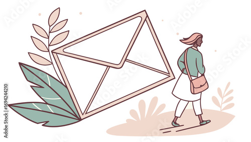 A woman walks away from a large envelope, symbolizing important communication.