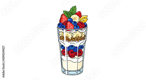 Delicious yogurt parfait with fresh berries, banana slices, and granola in a clear glass for a healthy breakfast or dessert option
