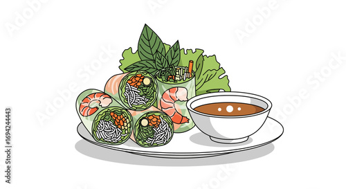Delicious Vietnamese spring rolls with shrimp, fresh vegetables, and dipping sauce on a plate vector illustration
