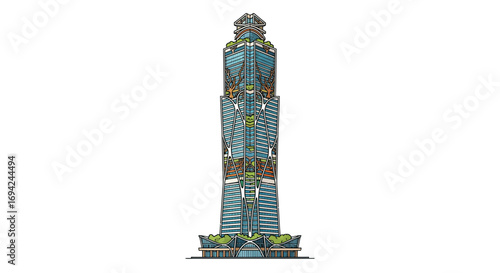Detailed illustration of a modern skyscraper with unique architectural design and integrated greenery on a white backdrop