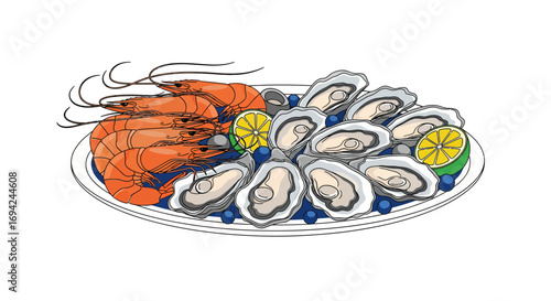 Fresh seafood platter featuring succulent shrimp and raw oysters served with lemon wedges, a delightful culinary illustration