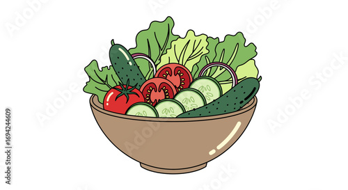 Fresh salad bowl with tomatoes, cucumbers, lettuce, and red onion rings, a healthy and vibrant meal choice for any diet