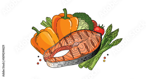 Grilled salmon steak with fresh vegetables including bell peppers, broccoli, tomatoes and asparagus in vibrant colors