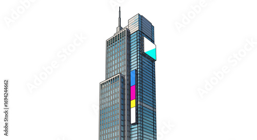 High-rise skyscraper with digital billboards showcasing a modern architectural design against a clear white backdrop
