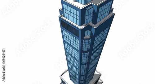 High angle view of a modern skyscraper with blue glass windows and geometric design elements, set against a plain white background
