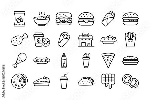 Fast food vector icon set. Burger, Pizza, Hot Dog, French Fries, Sandwich, Soda, Ice Cream, Snacks, Street Food and more. Editable stroke. Vector illustration.