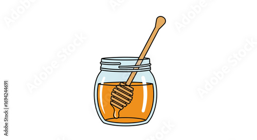 Honey jar with dipper illustration featuring sweet golden liquid and a wooden honey server, perfect for breakfast themes